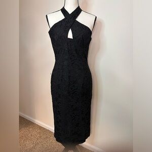 ! BARDOT Black Lace Halter Cross Neck MIDI Tea Length Dress Sz 8 NWT (A0059 B3)